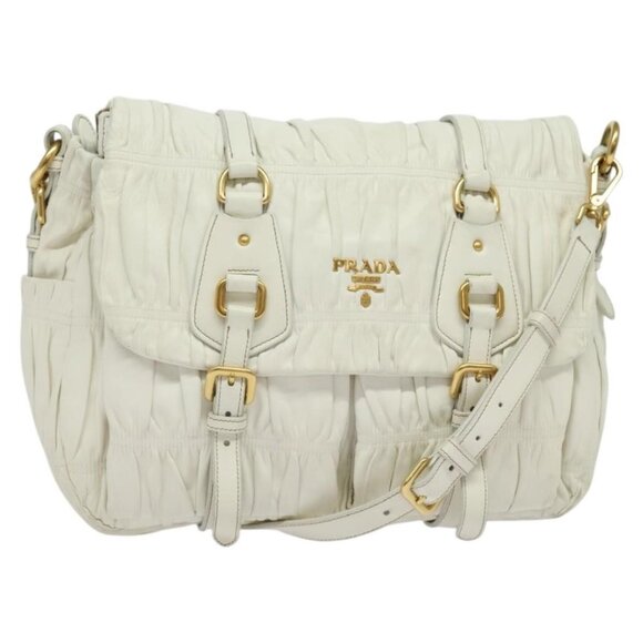 PRADA Gathered Shoulder Bag Leather White Gold Auth - Picture 1 of 15